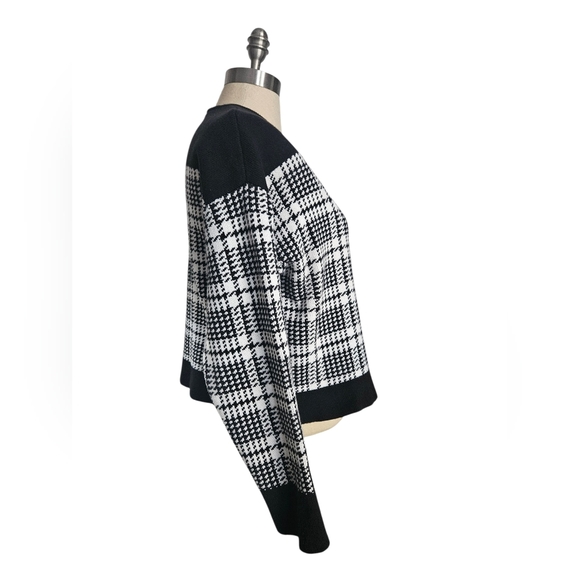 ANN TAYLOR Black & White Plaid Gold Button Sweater Jacket | SZ L - Picture 3 of 9